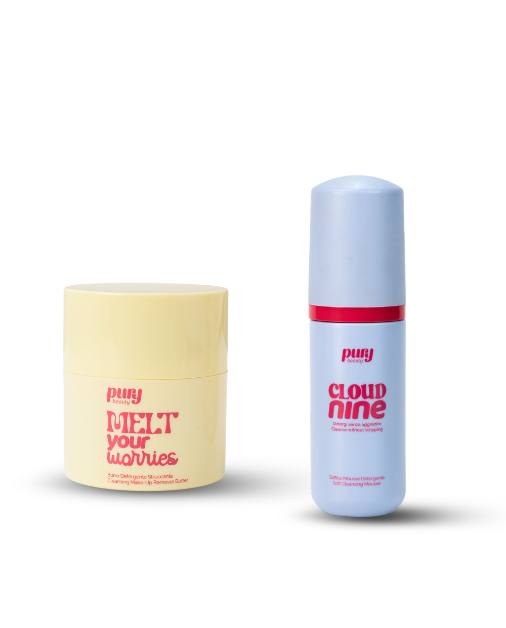 promo doppia detersione, due prodotti per la skincare, a sinistra il burro struccante "Melt your worries" e a destra il detergente viso "Cloud Nine"